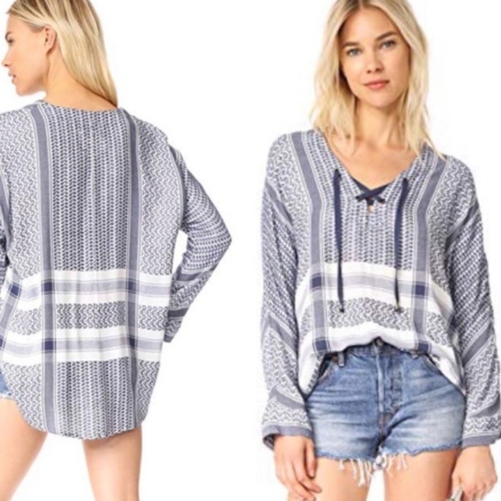 Rails Lily Sapphire Jacquard‎ Lace Up V-Neck Blouse Navy White XS Beachy Coastal